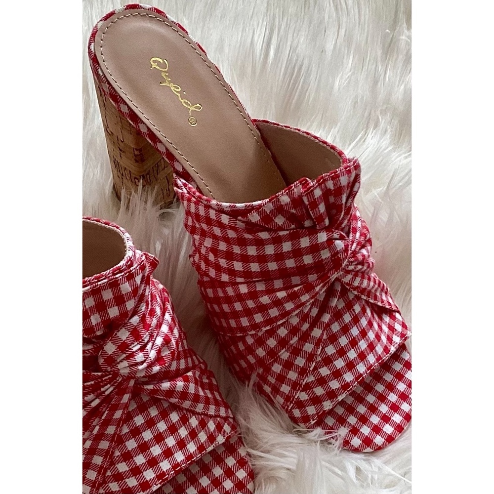 Qupid Red Gingham Open Toe Sandals | Checkered Slip On Block Heel Mules - Picture 6 of 7